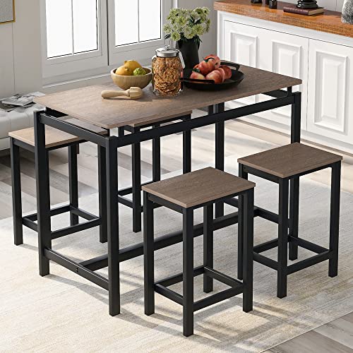 P PURLOVE 5 Pcs Dining Table Set for 4,Counter Height Table and Chair Set for 4, Wood Pub Bar Table Set Perfect for Breakfast Nook, Small Space