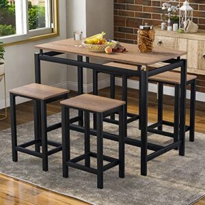 P PURLOVE 5 Pcs Dining Table Set for 4,Counter Height Table and Chair Set for 4, Wood Pub Bar Table Set Perfect for Breakfast Nook, Small Space