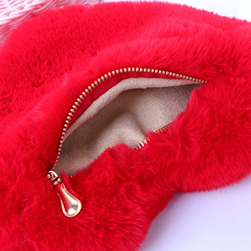 PartyKindom Heart Bag Tote Bags with Chain- Handbags for Women, Plush Peach Heart Crossbody Bag Wallet Large Purses Shoulder Bag Bucket Cross- body Purse (Red) Heart Shaped Purse