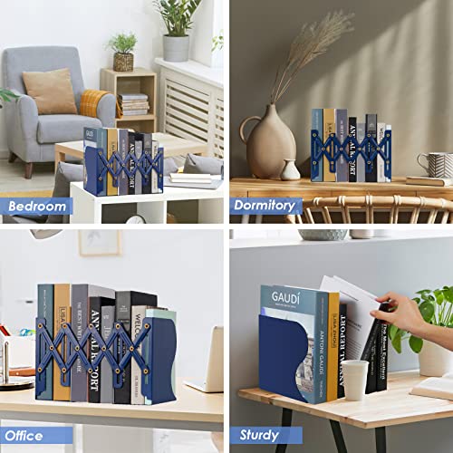 Hossejoy Adjustable Bookends, Heavy Duty Metal Book Ends, Expandable Bookcase Book Holder Stand Shelf Rack for Student Office Book File Organizer Storage, Extends up to 19 inches (Blue)