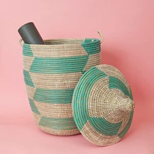 senegal jumbo hand woven grass turquoise herringbone basket with hooded lid