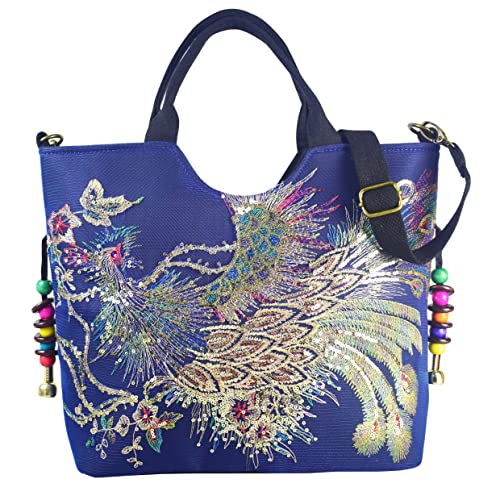 Vintage Shoulder HandBags for Women,Tote Handbags,Ladies Travel Hobo Handbag With Sparkly Sequins Phoenix Embroidered (Blue)