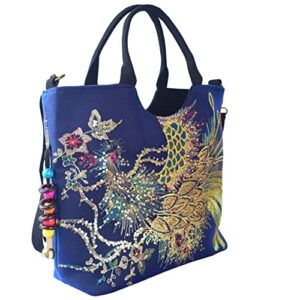 Vintage Shoulder HandBags for Women,Tote Handbags,Ladies Travel Hobo Handbag With Sparkly Sequins Phoenix Embroidered (Blue)