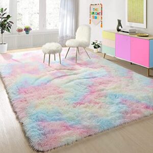 rukman super soft colorful furry indoor modern plush area rugs 5×8 feet fluffy furry living room carpets for home decor children bedroom washable non – slip (non – skid) nursery rug rainbow color