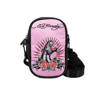 ed hardy unisex black/pink jaguar rose tatoo print nylon phone crossbody bag with adjustable shoulder strap