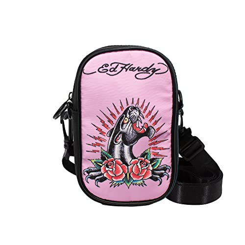 ED HARDY Unisex Black/Pink Jaguar Rose Tatoo Print Nylon Phone Crossbody Bag With Adjustable Shoulder Strap