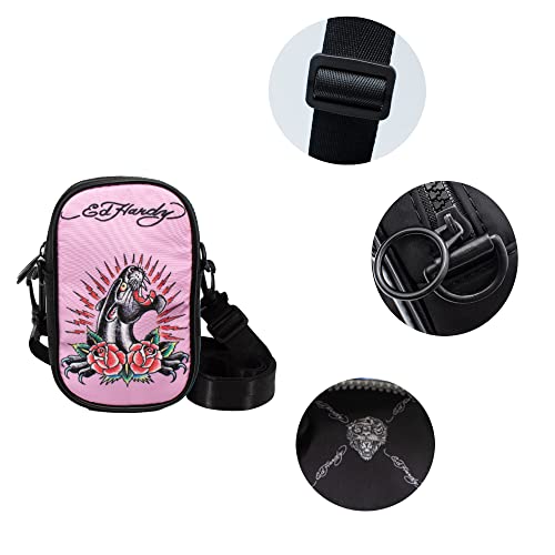 ED HARDY Unisex Black/Pink Jaguar Rose Tatoo Print Nylon Phone Crossbody Bag With Adjustable Shoulder Strap