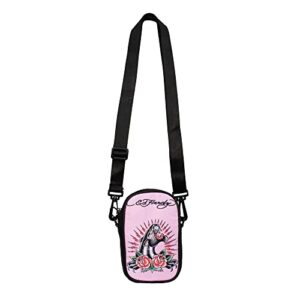 ED HARDY Unisex Black/Pink Jaguar Rose Tatoo Print Nylon Phone Crossbody Bag With Adjustable Shoulder Strap