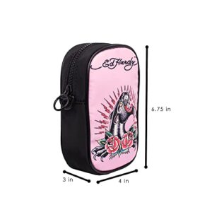 ED HARDY Unisex Black/Pink Jaguar Rose Tatoo Print Nylon Phone Crossbody Bag With Adjustable Shoulder Strap