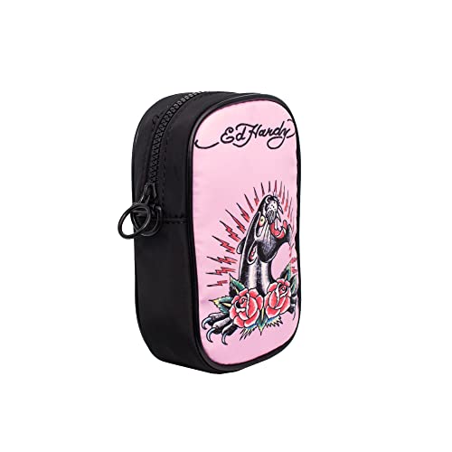 ED HARDY Unisex Black/Pink Jaguar Rose Tatoo Print Nylon Phone Crossbody Bag With Adjustable Shoulder Strap