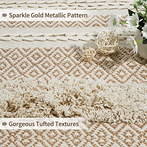 SUMGAR Beige 2x3 Area Rug Boho Rugs Cotton Woven Textured Thick Cream Neutral Throw Rug,Handmade Tufted Knoted Soft Carpet with Sparkle Gold Metalic Pattern for Living Room Bedroom Entryway