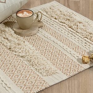 SUMGAR Beige 2x3 Area Rug Boho Rugs Cotton Woven Textured Thick Cream Neutral Throw Rug,Handmade Tufted Knoted Soft Carpet with Sparkle Gold Metalic Pattern for Living Room Bedroom Entryway