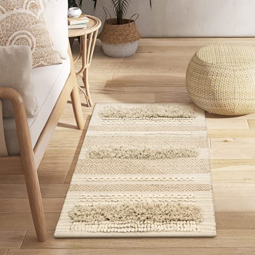 SUMGAR Beige 2x3 Area Rug Boho Rugs Cotton Woven Textured Thick Cream Neutral Throw Rug,Handmade Tufted Knoted Soft Carpet with Sparkle Gold Metalic Pattern for Living Room Bedroom Entryway