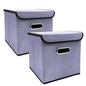 foldable cube storage bin with lid, set of 2, collapsible storage basket with lid ,25 cm x 25 cm, boho basket , nursery storage bin, cube storage baskets for living room home bedroom closet office purple