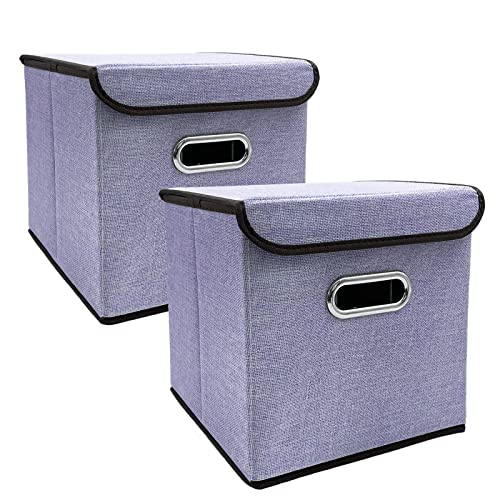 Foldable Cube Storage Bin with Lid, Set of 2, Collapsible Storage Basket with Lid ,25 CM x 25 CM, Boho Basket , Nursery Storage Bin, Cube Storage Baskets for Living Room Home Bedroom Closet Office Purple