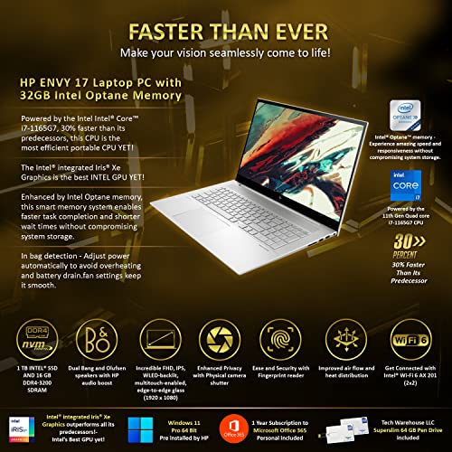 HP Envy 17T 2021 i7-1165G7 11th Gen, Win 11 Pro, 16GB RAM, 1TB Intel SSD+32GB Optane Memory, 17.3" FHD Touch, 1Yr MS Office365, WiFi 6, B&O Speakers, 4 Cell Battery, Intel XE, 64GB TW Pen Drive