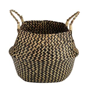 foldable storage basket, natural seagrass woven storage basket clothes organizer plant flower pot for bedroom, living room, kids room(black (wave pattern))