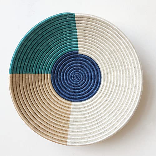 16" X-Large African Basket- Muyumbu/Rwanda Basket/Woven Bowl/Sisal & Sweetgrass Basket/Blue, Teal, Tan, White