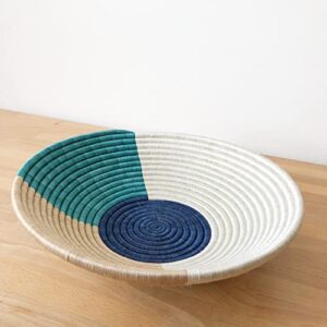 16" X-Large African Basket- Muyumbu/Rwanda Basket/Woven Bowl/Sisal & Sweetgrass Basket/Blue, Teal, Tan, White