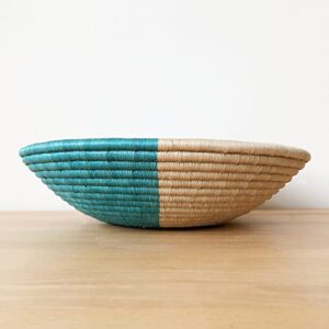 16" X-Large African Basket- Muyumbu/Rwanda Basket/Woven Bowl/Sisal & Sweetgrass Basket/Blue, Teal, Tan, White