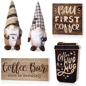 5 pcs coffee tiered tray decor set, coffee decor for coffee bar, include 2 pcs rustic coffee gnomes and 3 pcs farmhouse coffee bar tiered tray wood signs for coffee bar decorations