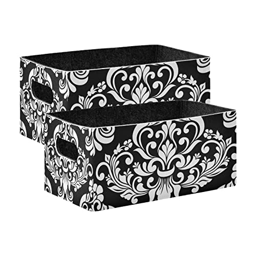 Kcldeci Baroque Damask Foldable Storage Bin Basket Set [2-Pack] Black White Floral Elegance Flowers Fabric Collapsible Organizer Storage Cube Box For Home Office Closet