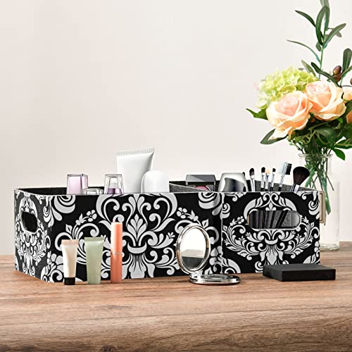 Kcldeci Baroque Damask Foldable Storage Bin Basket Set [2-Pack] Black White Floral Elegance Flowers Fabric Collapsible Organizer Storage Cube Box For Home Office Closet