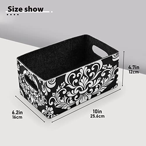 Kcldeci Baroque Damask Foldable Storage Bin Basket Set [2-Pack] Black White Floral Elegance Flowers Fabric Collapsible Organizer Storage Cube Box For Home Office Closet