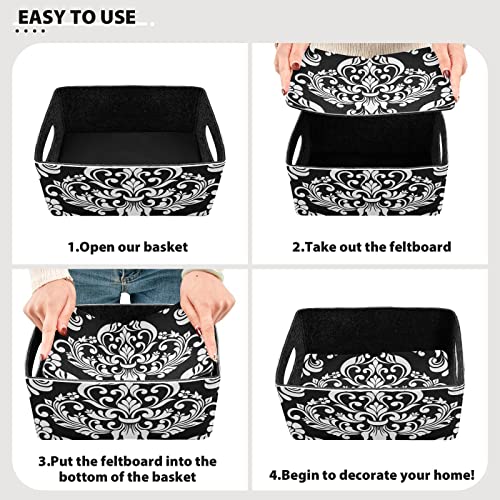 Kcldeci Baroque Damask Foldable Storage Bin Basket Set [2-Pack] Black White Floral Elegance Flowers Fabric Collapsible Organizer Storage Cube Box For Home Office Closet