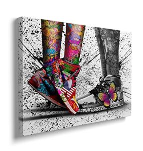 framed banksy & graffiti pop shoe sneaker canvas wall art for store playroom cool dorm room decor lovers abstract prints gift for boy & girl couple ready to hang – 12″x16″