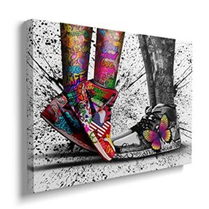 Framed Banksy & Graffiti Pop Shoe Sneaker Canvas Wall Art For Store Playroom Cool Dorm Room Decor Lovers Abstract Prints Gift For Boy & Girl Couple Ready To Hang - 12"x16"