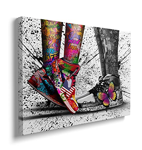 Framed Banksy & Graffiti Pop Shoe Sneaker Canvas Wall Art For Store Playroom Cool Dorm Room Decor Lovers Abstract Prints Gift For Boy & Girl Couple Ready To Hang - 12"x16"