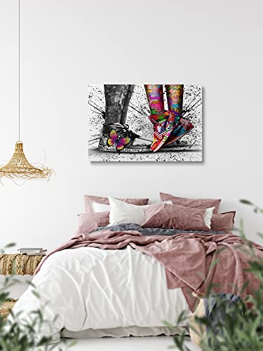 Framed Banksy & Graffiti Pop Shoe Sneaker Canvas Wall Art For Store Playroom Cool Dorm Room Decor Lovers Abstract Prints Gift For Boy & Girl Couple Ready To Hang - 12"x16"