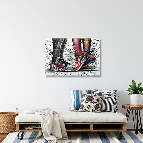 Framed Banksy & Graffiti Pop Shoe Sneaker Canvas Wall Art For Store Playroom Cool Dorm Room Decor Lovers Abstract Prints Gift For Boy & Girl Couple Ready To Hang - 12"x16"