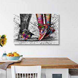 Framed Banksy & Graffiti Pop Shoe Sneaker Canvas Wall Art For Store Playroom Cool Dorm Room Decor Lovers Abstract Prints Gift For Boy & Girl Couple Ready To Hang - 12"x16"