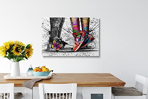 Framed Banksy & Graffiti Pop Shoe Sneaker Canvas Wall Art For Store Playroom Cool Dorm Room Decor Lovers Abstract Prints Gift For Boy & Girl Couple Ready To Hang - 12"x16"