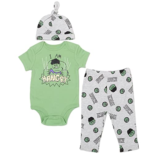 Marvel Avengers Hulk Newborn Baby Boys 3 Piece Outfit Set: Cuddly Bodysuit Pants Hat Green/Gray