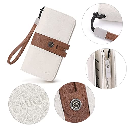 CLUCI Women Wallet Large Leather Designer Card Holder Organizer Long Ladies Travel Clutch Wristlet Two-toned Beige With Brown