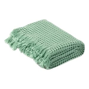 Amélie Home 100% Cotton Waffle Knit Throw Blanket, Soft Lightweight Blanket with Tassels, Decorative Breathable Textured Throw Blankets for Couch Bed Sofa, 50x60, Green