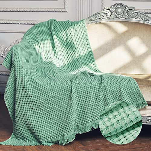 Amélie Home 100% Cotton Waffle Knit Throw Blanket, Soft Lightweight Blanket with Tassels, Decorative Breathable Textured Throw Blankets for Couch Bed Sofa, 50x60, Green