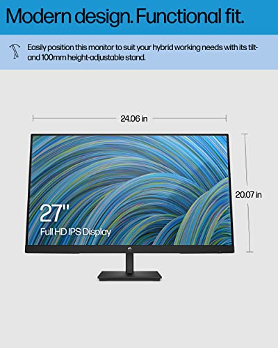 HP M27ha FHD Monitor-Full HD Monitor(1920 x 1080p)- IPS Panel and Built-in Audio-VESA Compatible 27-inch Monitor Designed for Comfortable Viewing with Height and Pivot Adjustment-(22H94AA#ABA) black