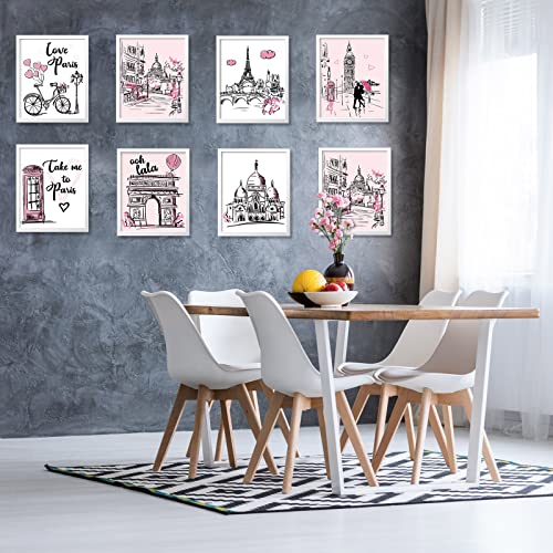 Pajean 9 Pieces Paris Wall Art Prints, Pink Eiffel Tower Bedroom Decor Romantic Paris Theme Room Decor Unframed Art Poster Decor for Girls Living Room Bathroom Kitchen Office Decor, 8 x 10 Inch