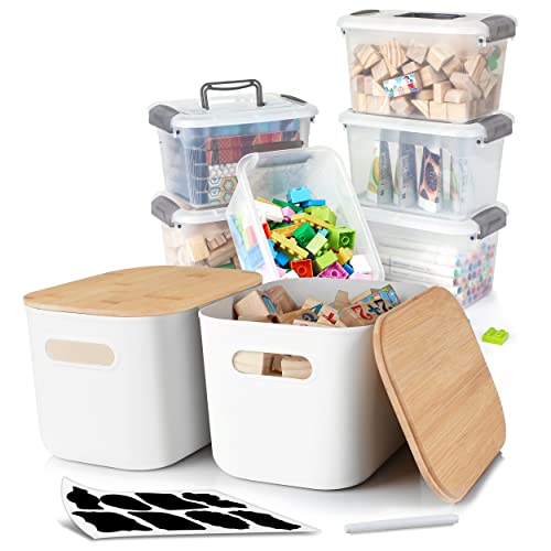 Citylife 2 PCS Storage Bins with Bamboo Lids and 6 PCS 3.2QT Plastic Storage Containers for Organizing Stackable Clear Storage Boxes with Handle