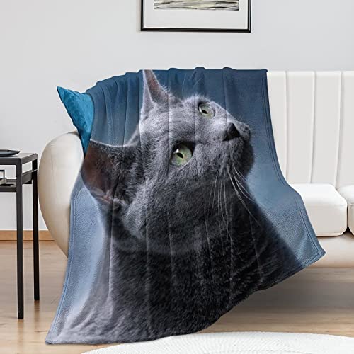 Fleece Blanket Plush,Blue Russian Cat Feline Animal Tail Whiskers Beautiful Carnivore Charming Claw,Microfiber Fuzzy Soft Cozy Flannel Throw Blankets for Couch, ?Bed, Sofa, Camping, Travel