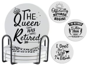 best retirement gifts for women, 4 pcs retirement coasters for drinks absorbent with holder and corked back, unique present for retired women, retirement gifts for grandma, boss lady, nurse, teacher