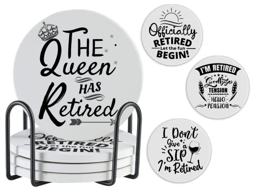 Best Retirement Gifts for Women, 4 Pcs Retirement Coasters for Drinks Absorbent with Holder and Corked Back, Unique Present for Retired Women, Retirement Gifts for Grandma, Boss Lady, Nurse, Teacher