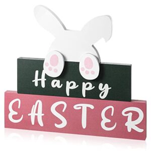 happy easter wooden signs easter tiered tray decorations easter bunny rabbits tabletop signs religious decor sign spring seasonal decor for home tabletop decorations