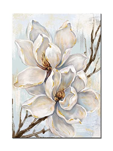 Novup White Flower Wall Art Blooming Floral with Gold Foil Canvas Print Wall Art The Picture for Living Room Bedroom Contemporary Wall Painting Decoration Modern Abstract Artwork