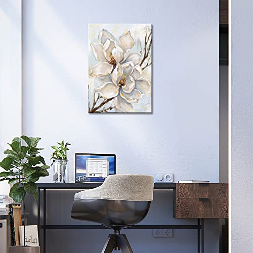 Novup White Flower Wall Art Blooming Floral with Gold Foil Canvas Print Wall Art The Picture for Living Room Bedroom Contemporary Wall Painting Decoration Modern Abstract Artwork