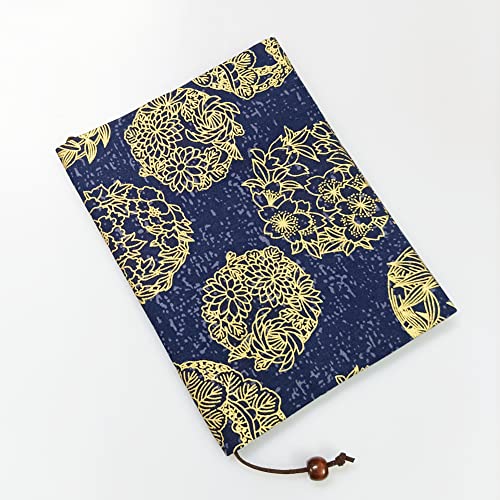 PUPUZAO Book Sleeve Cover ( Flowers & Cranes in Dark Blue )| Hard Books Cover A5(8-1/4''x 5-13/16'') for Paperback,Washable Fabric,Fits Thickness Adjustable